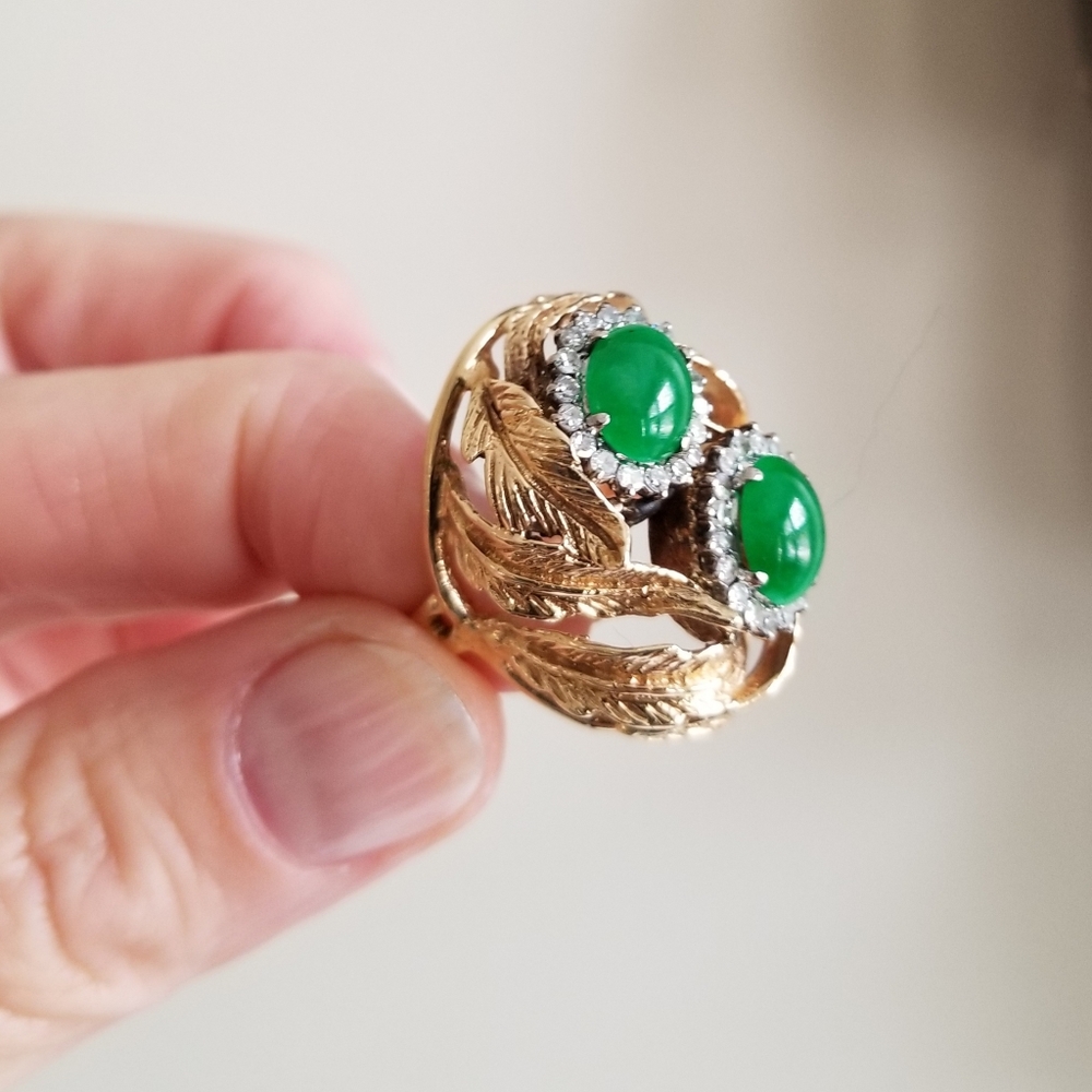 SOLD Estate Imperial Jade & Diamond 14k Cocktail Ring - Picture 2 of 11